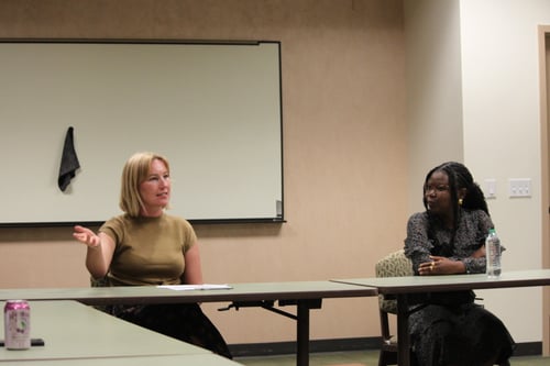 Kroc School student Kelsey Coney and author Peace Adzo Medie