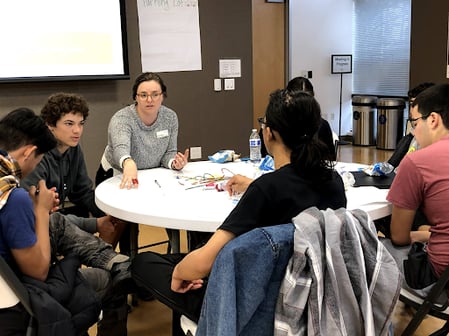 Daria helps a group of students brainstorm project ideas related to food insecurity.