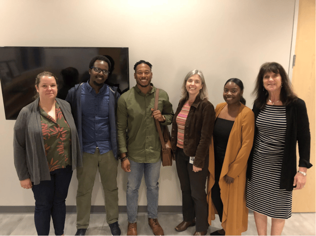 Left to right: MASI students Jessica Logan and Jean Paul Mugarineza, Kroc School; Eric Morrison Smith and Laura Kohn, San Diego Workforce Partnership; Professor Karen Henken, Kroc School