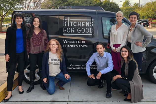 Left to right: Professor Karen Henken, Kroc School; Geraldine Zamorra and Katrina Meredith, Kitchens for Good; MASI students Sebastien Orebi, Julia Stewart, Nisreen Al Sabie, Patricia Cosulich, Kroc School.