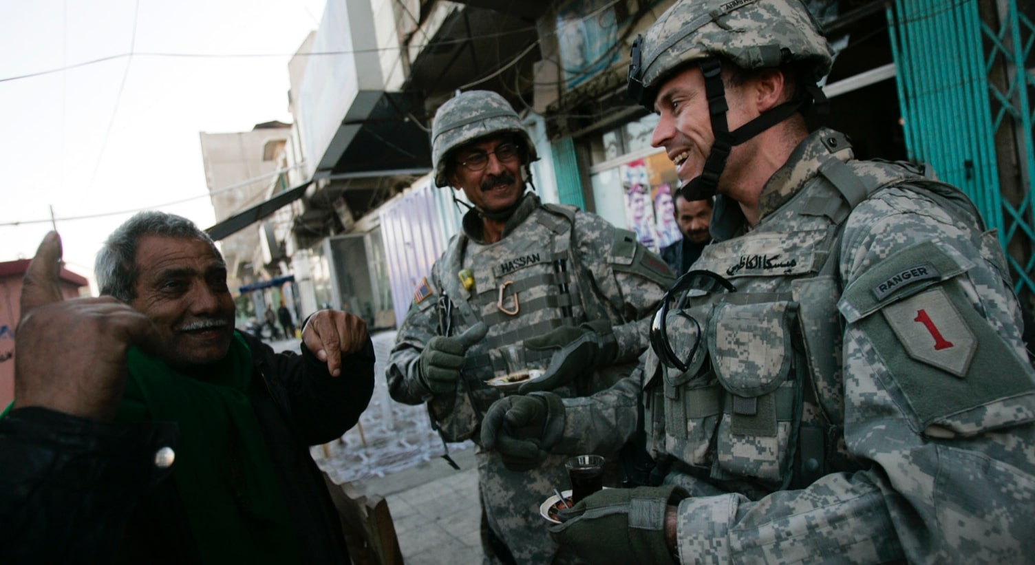 Steve Miska (right), on the streets of Baghdad with his interpreter, Hassan. Photo credit: Chris Hondros, Getty Images, 2007